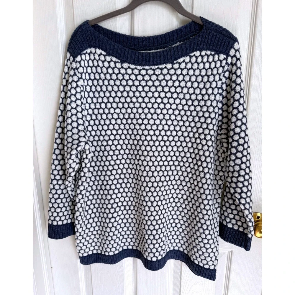 LOFT Blue White Honeycomb Textured Knit Boat Neck Sweater XL 3/4 Sleeve Like New